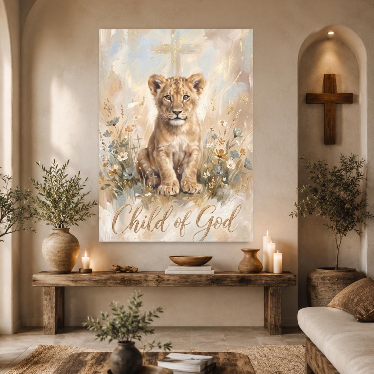 Child of God Wall Art | Lion Cub Nursery Canvas | Christian Baby Gift — Framed Print wall art