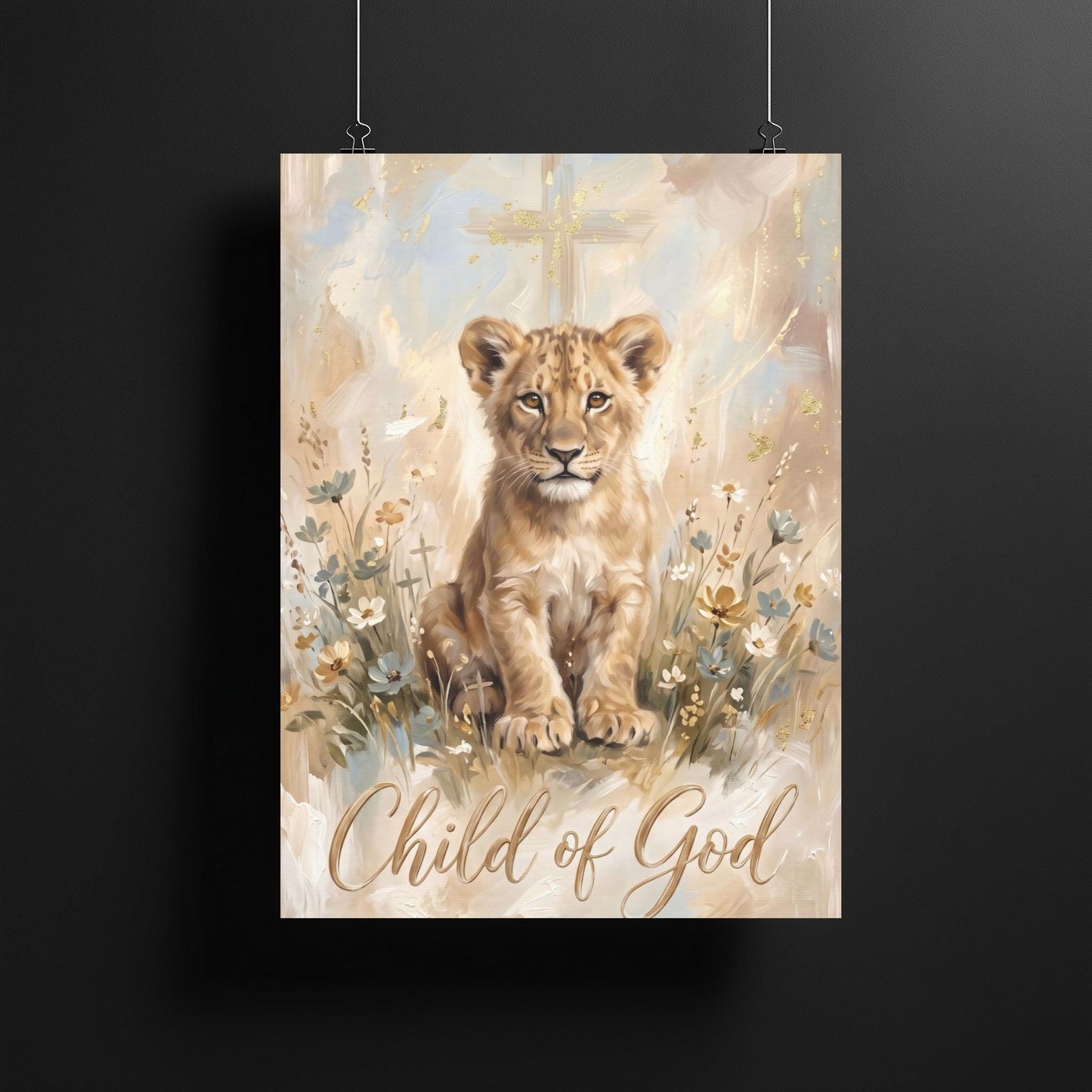 Child of God Wall Art | Lion Cub Nursery Canvas | Christian Baby Gift — Framed Print wall art
