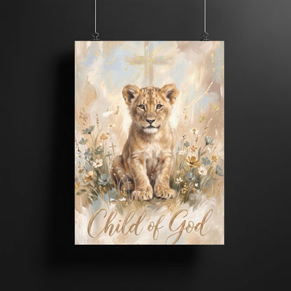 Child of God Wall Art | Lion Cub Nursery Canvas | Christian Baby Gift — Framed Print wall art