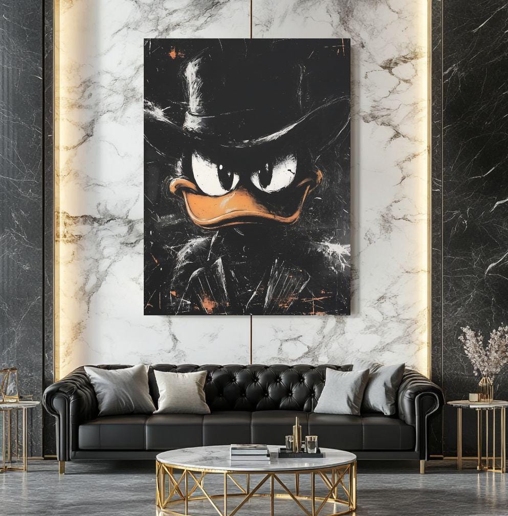 Comic Duck Canvas | Dark Cartoon Artwork | Man Cave Decor — Framed Print wall art