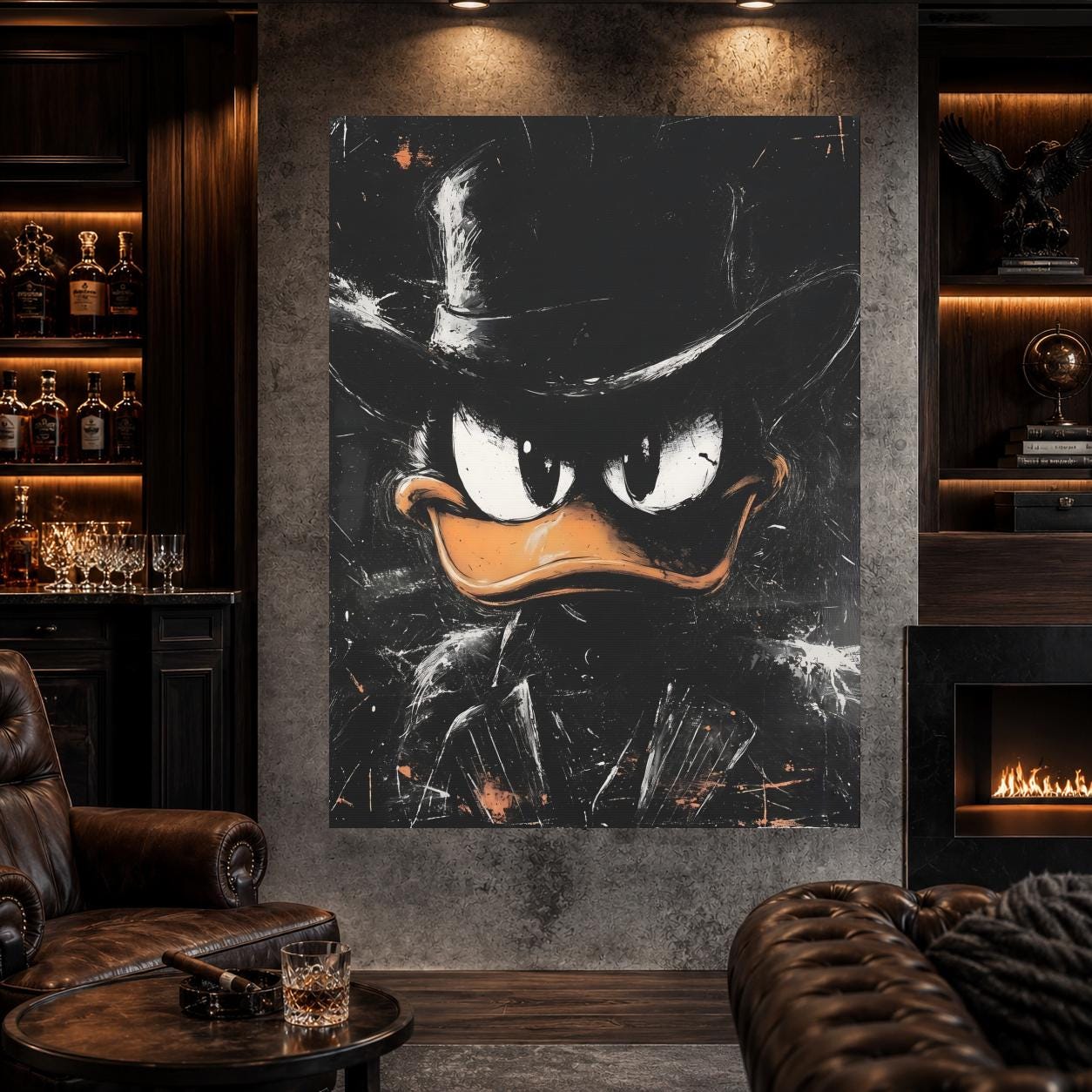Comic Duck Canvas | Dark Cartoon Artwork | Man Cave Decor — Framed Print wall art