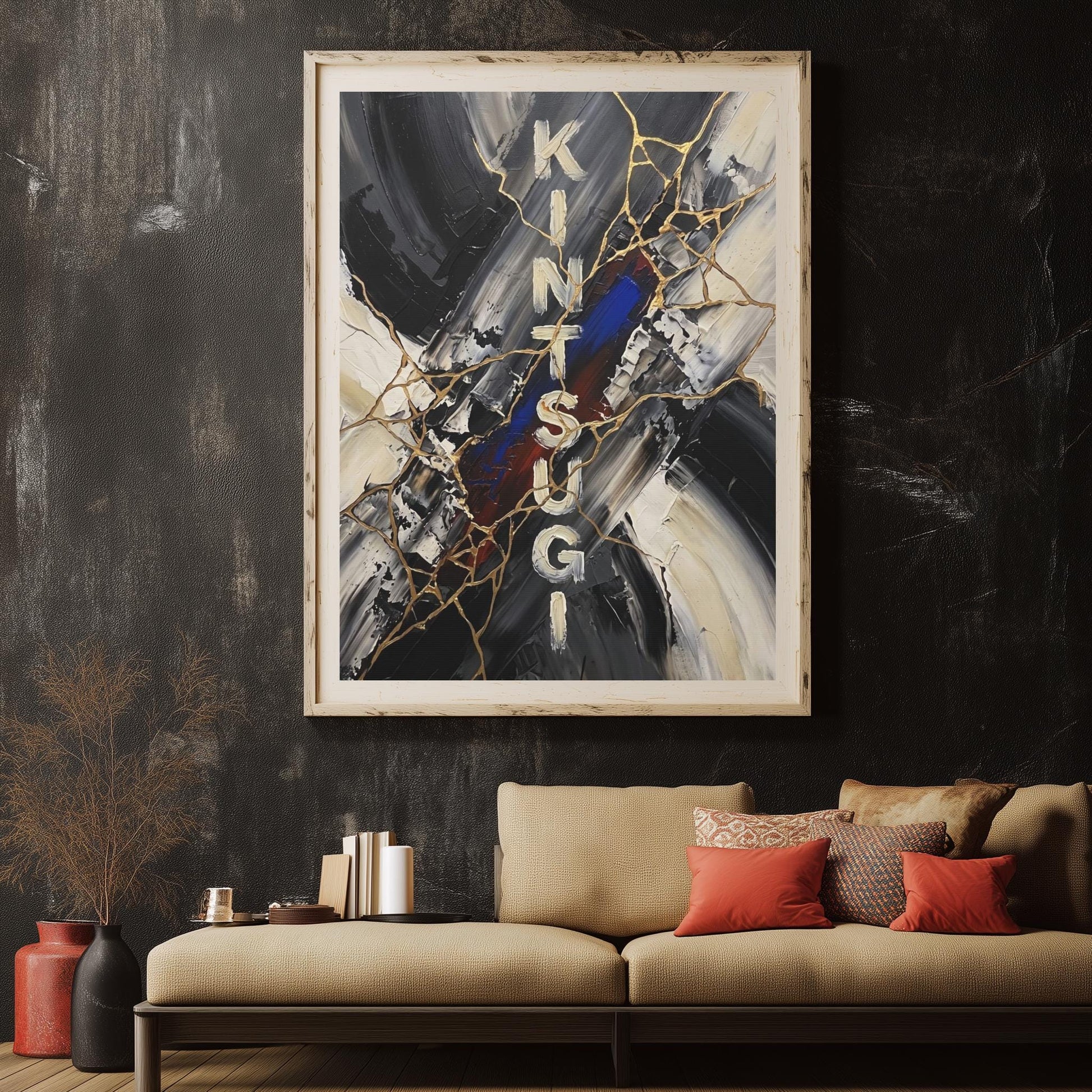 Kintsugi Wall Art | Wabi Sabi Abstract Canvas | Modern Home Decor — Framed Print wall art