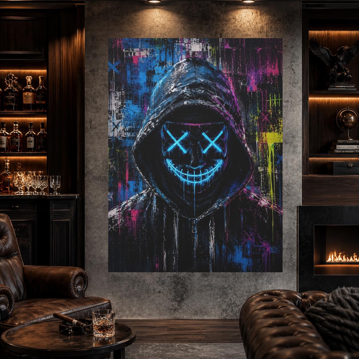Neon Hacker Mask Wall Art | Cyberpunk Canvas | Gamer Room Decor — Framed Print wall art
