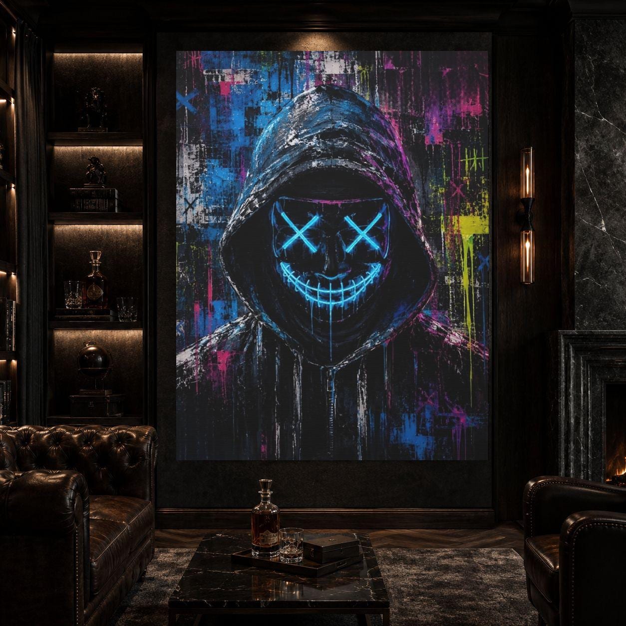 Neon Hacker Mask Wall Art | Cyberpunk Canvas | Gamer Room Decor — Framed Print wall art