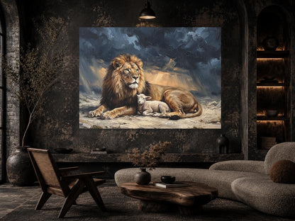 Lion and Lamb Wall Art, Lion of Judah Christian Painting, Biblical Faith Decor, Peaceful Religious Statement Piece — Framed