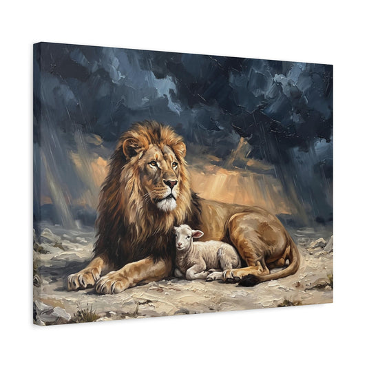 Lion and Lamb Wall Art, Lion of Judah Christian Painting, Biblical Faith Decor, Peaceful Religious Statement Piece — Canvas