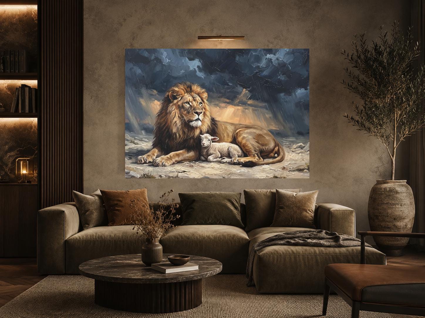Lion and Lamb Wall Art, Lion of Judah Christian Painting, Biblical Faith Decor, Peaceful Religious Statement Piece — Framed