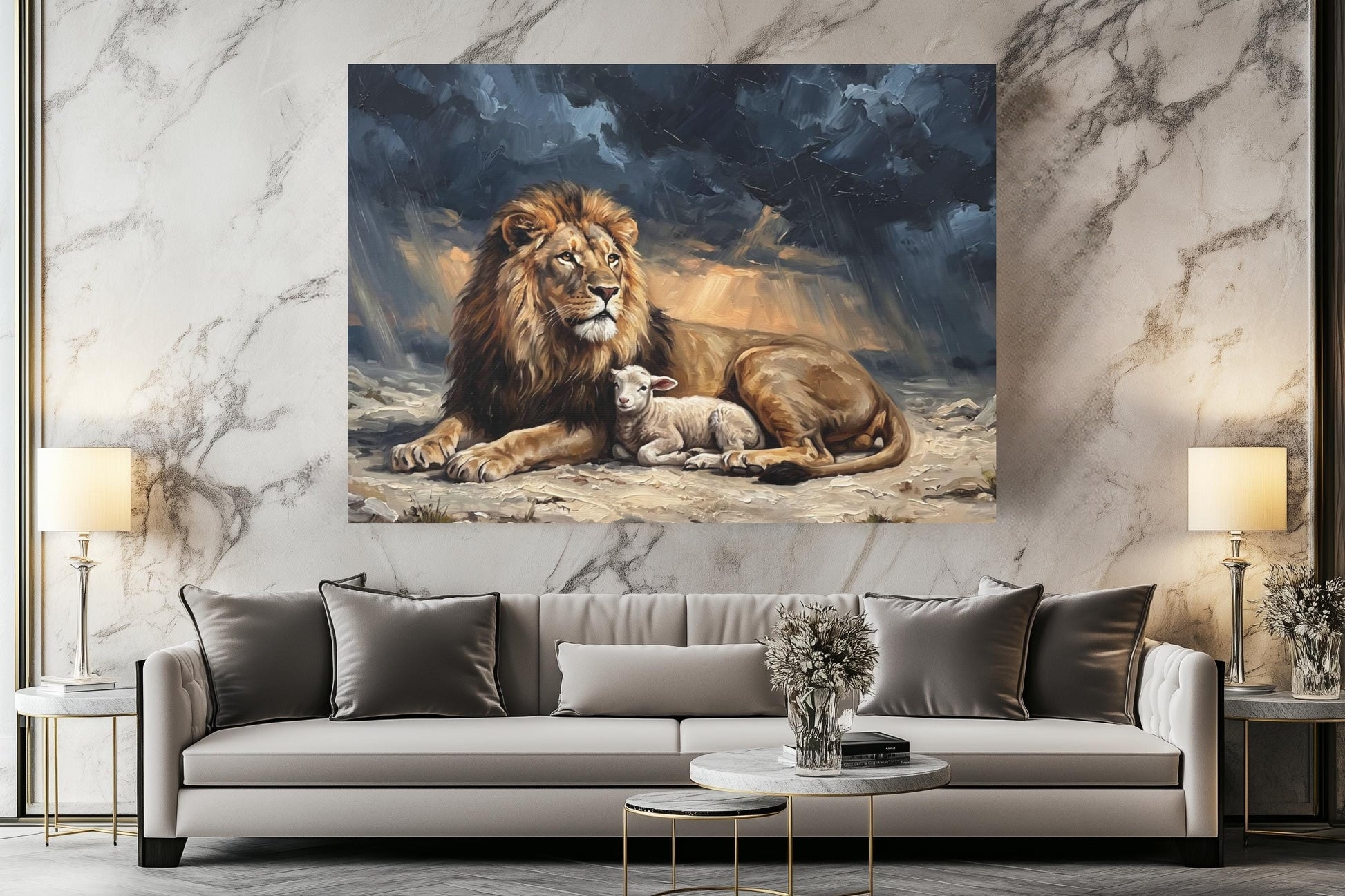 Lion and Lamb Wall Art, Lion of Judah Christian Painting, Biblical Faith Decor, Peaceful Religious Statement Piece — Poster
