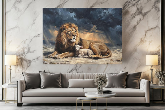 Lion and Lamb Wall Art, Lion of Judah Christian Painting, Biblical Faith Decor, Peaceful Religious Statement Piece — Poster
