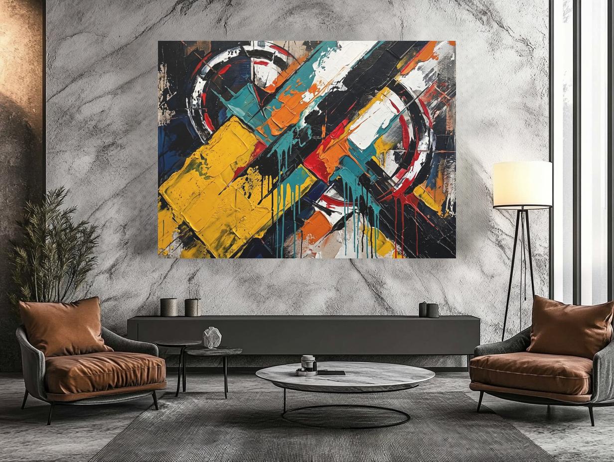 Large Abstract Wall Art, Colorful Geometric Painting, Modern Urban Decor, Bold Statement Piece — Framed Print wall art