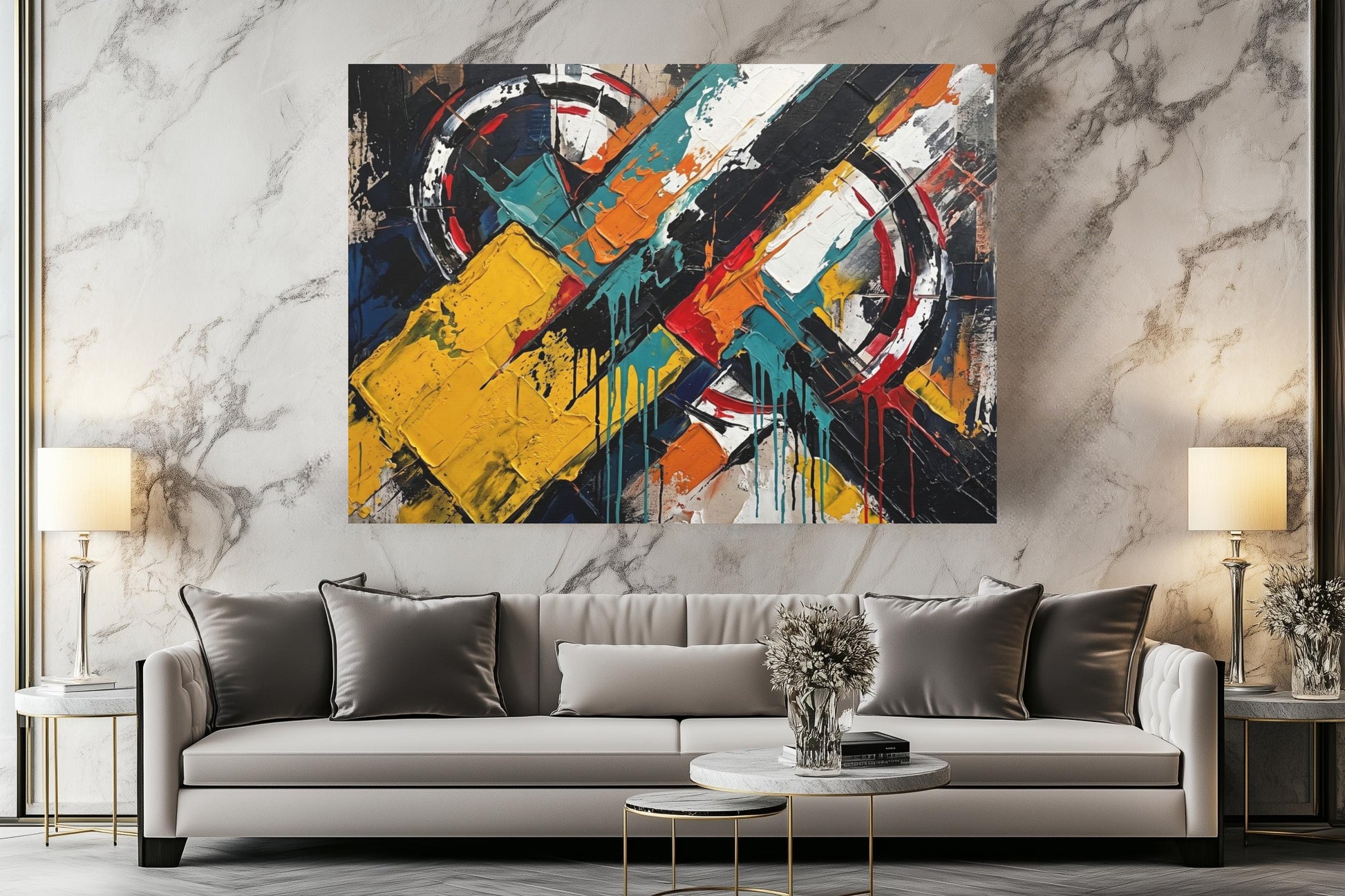 Large Abstract Wall Art, Colorful Geometric Painting, Modern Urban Decor, Bold Statement Piece — Framed Print wall art
