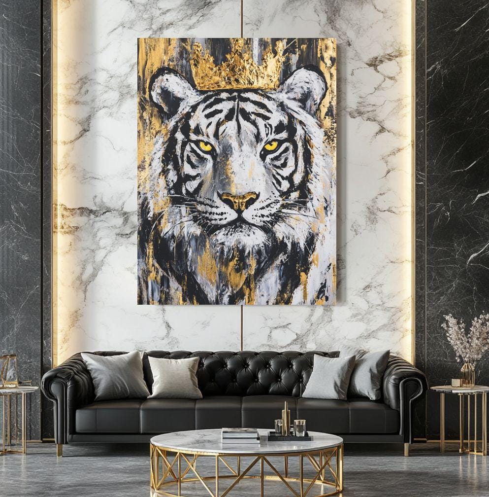 White Tiger Wall Art, Crowned Animal Portrait, Black Gold Luxury Decor, Masculine Office Statement Piece — Framed Print wall
