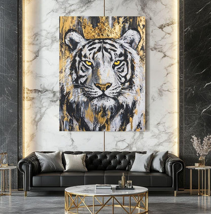 White Tiger Wall Art, Crowned Animal Portrait, Black Gold Luxury Decor, Masculine Office Statement Piece — Framed Print wall