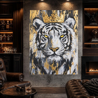 White Tiger Wall Art, Crowned Animal Portrait, Black Gold Luxury Decor, Masculine Office Statement Piece — Framed Print wall