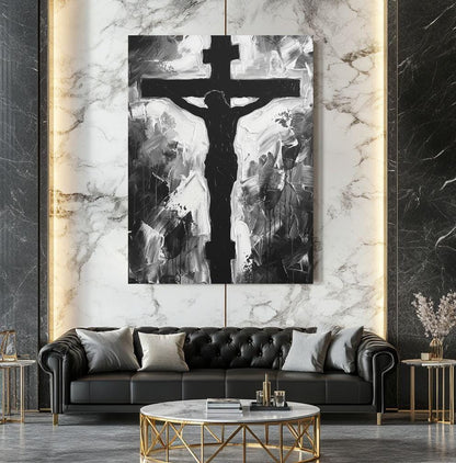 Jesus Cross Wall Art, Black and White Christian Painting, Modern Religious Decor, Faith Statement Piece — Framed Print wall