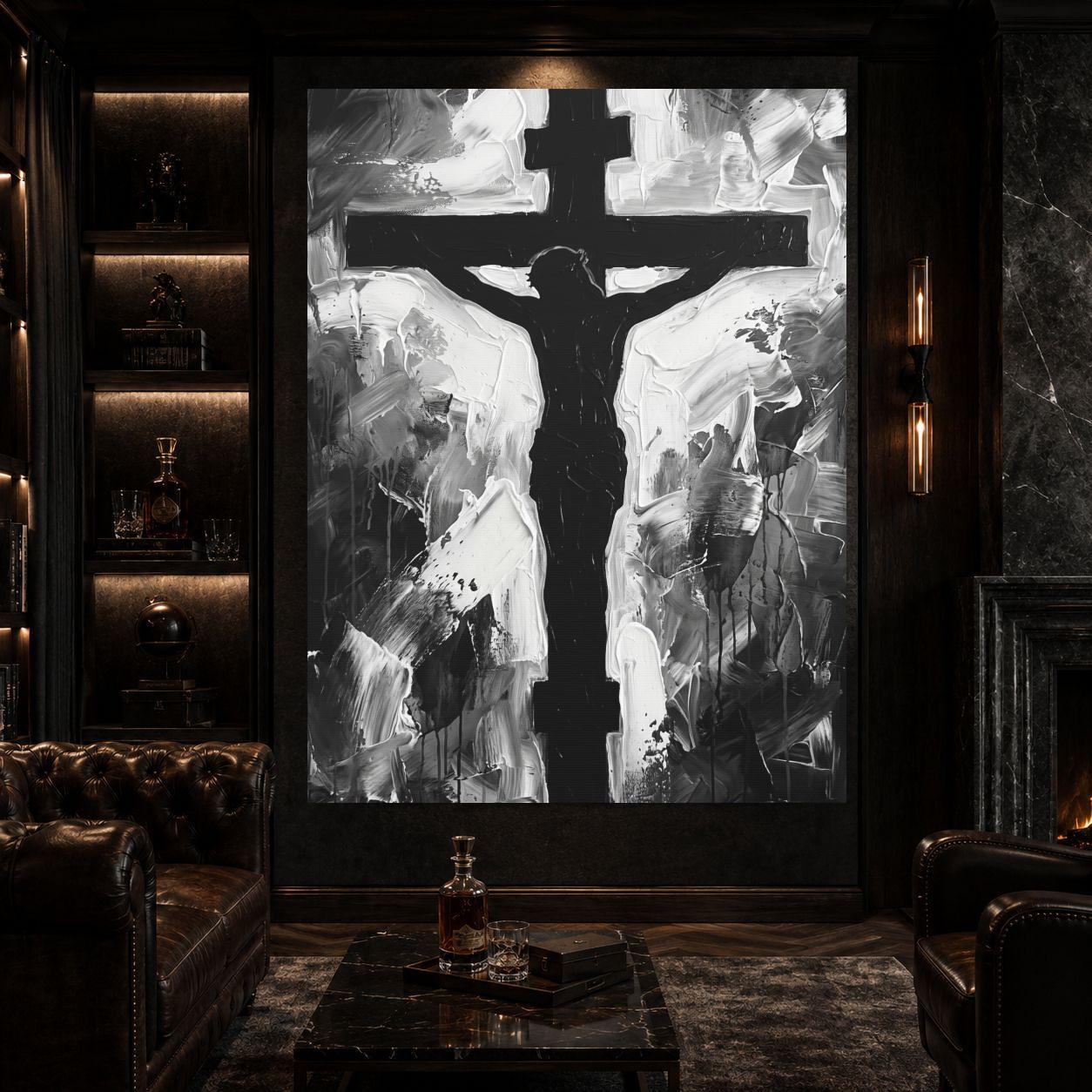 Jesus Cross Wall Art, Black and White Christian Painting, Modern Religious Decor, Faith Statement Piece — Framed Print wall