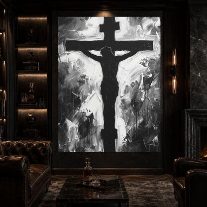 Jesus Cross Wall Art, Black and White Christian Painting, Modern Religious Decor, Faith Statement Piece — Framed Print wall