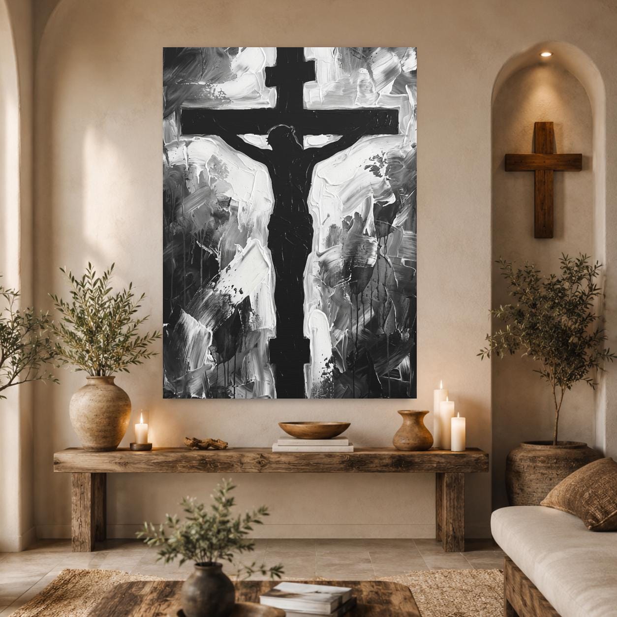 Jesus Cross Wall Art, Black and White Christian Painting, Modern Religious Decor, Faith Statement Piece — Framed Print wall