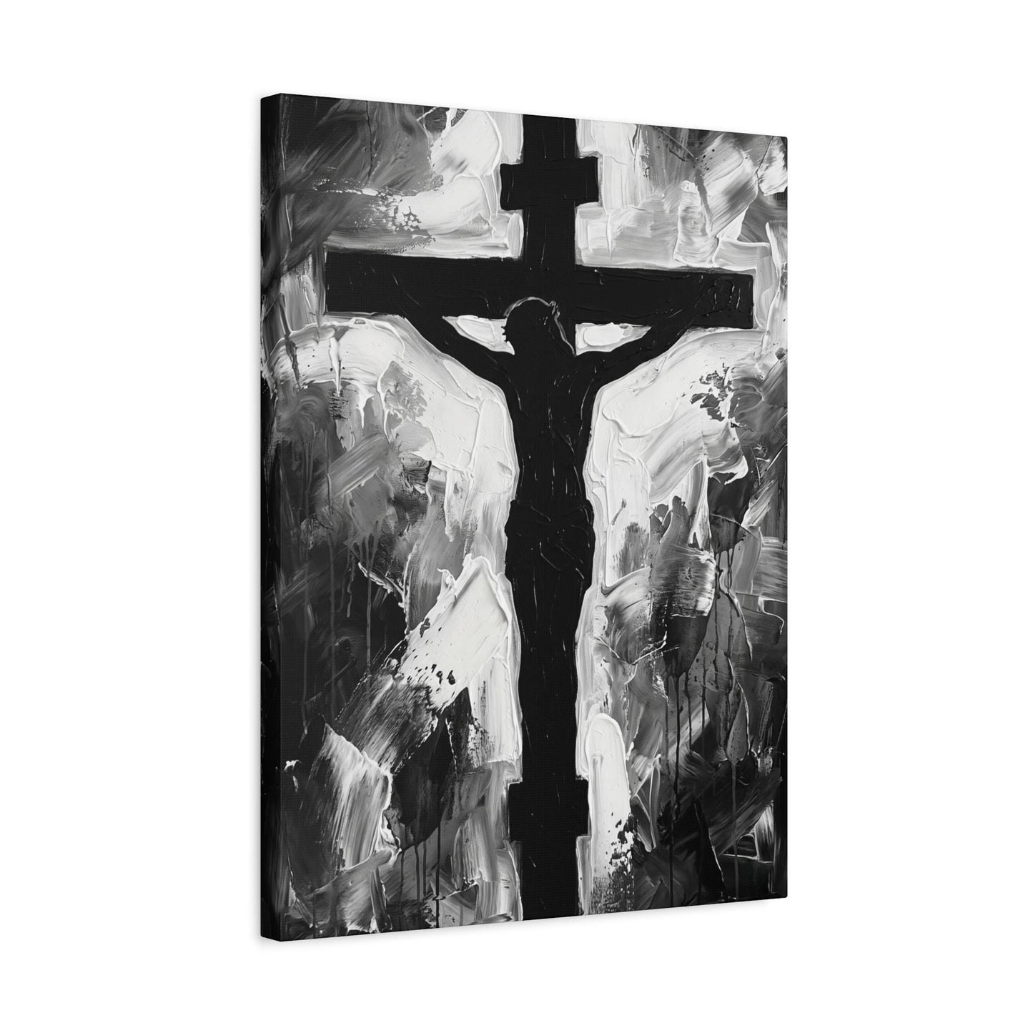 Jesus Cross Wall Art, Black and White Christian Painting, Modern Religious Decor, Faith Statement Piece — Canvas wall art
