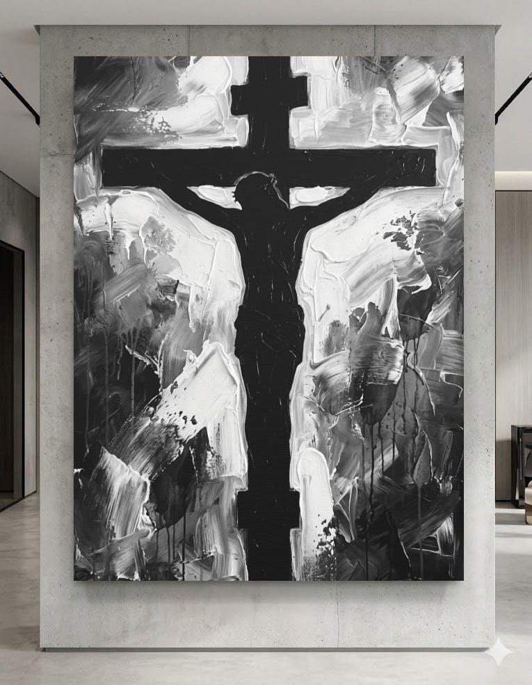 Jesus Cross Wall Art, Black and White Christian Painting, Modern Religious Decor, Faith Statement Piece — Poster wall art