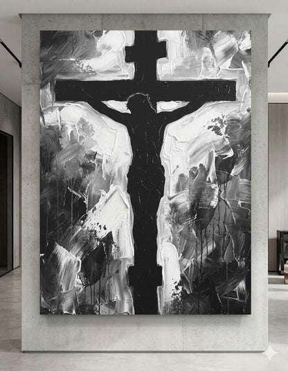 Jesus Cross Wall Art, Black and White Christian Painting, Modern Religious Decor, Faith Statement Piece — Poster wall art