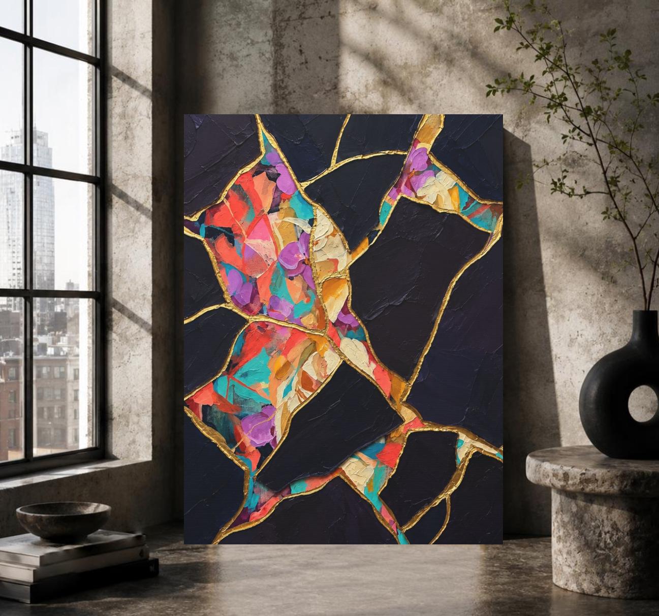 Kintsugi Wall Art, Black Gold Abstract Painting, Colorful Modern Decor, Luxury Statement Piece — Framed Print wall art