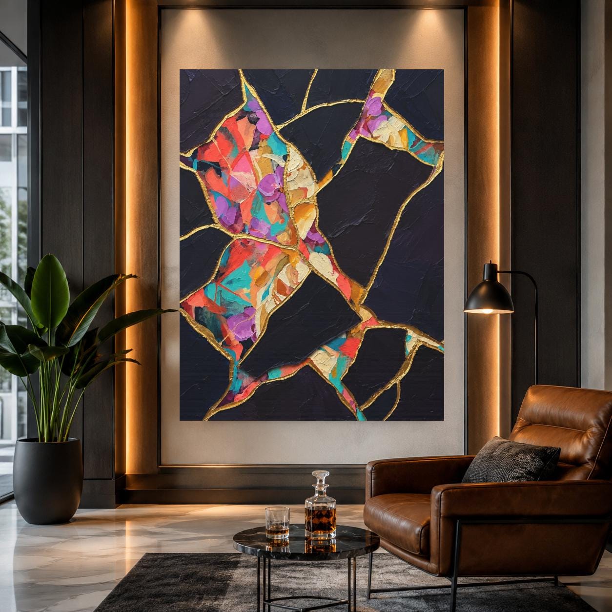 Kintsugi Wall Art, Black Gold Abstract Painting, Colorful Modern Decor, Luxury Statement Piece — Framed Print wall art