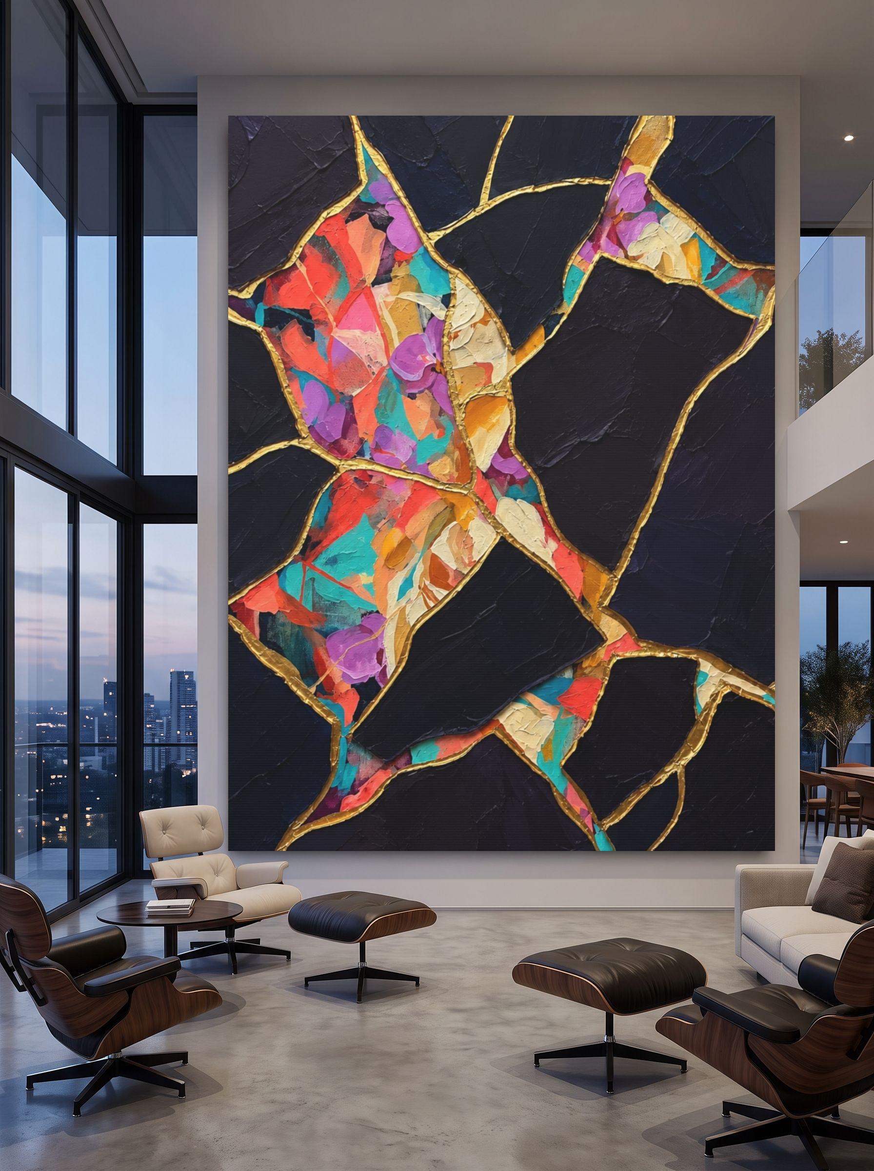 Kintsugi Wall Art, Black Gold Abstract Painting, Colorful Modern Decor, Luxury Statement Piece — Framed Print wall art