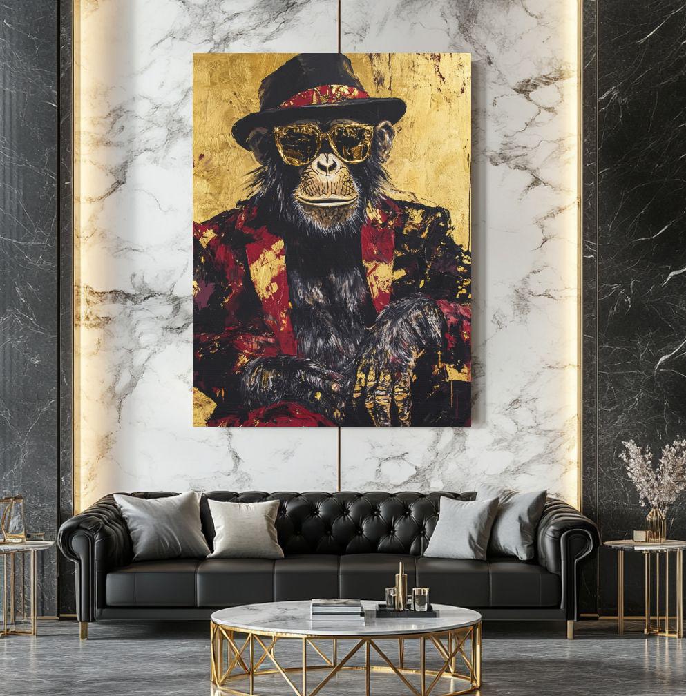 Chimpanzee Wall Art, Luxury Monkey Portrait, Black Gold Statement Piece, Masculine Office Decor — Framed Print wall art