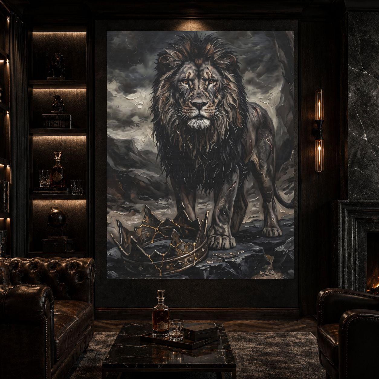 Lion Wall Art, Dark Lion Painting, Broken Crown Artwork, Masculine Office Statement Decor — Framed Print wall art
