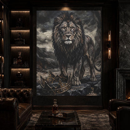 Lion Wall Art, Dark Lion Painting, Broken Crown Artwork, Masculine Office Statement Decor — Framed Print wall art