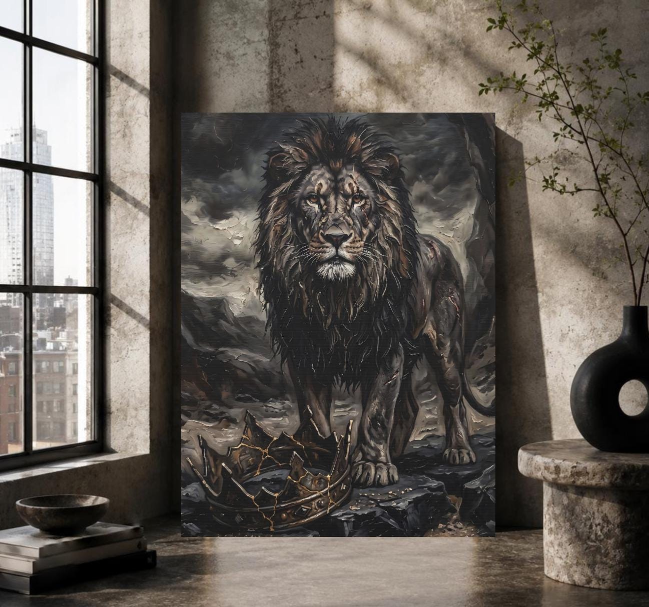Lion Wall Art, Dark Lion Painting, Broken Crown Artwork, Masculine Office Statement Decor — Framed Print wall art