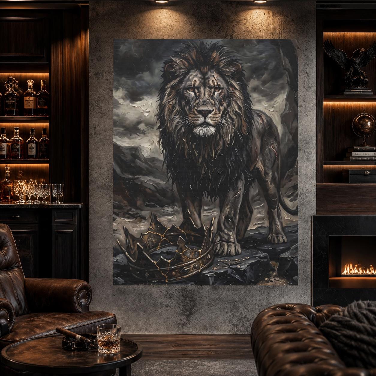 Lion Wall Art, Dark Lion Painting, Broken Crown Artwork, Masculine Office Statement Decor — Framed Print wall art