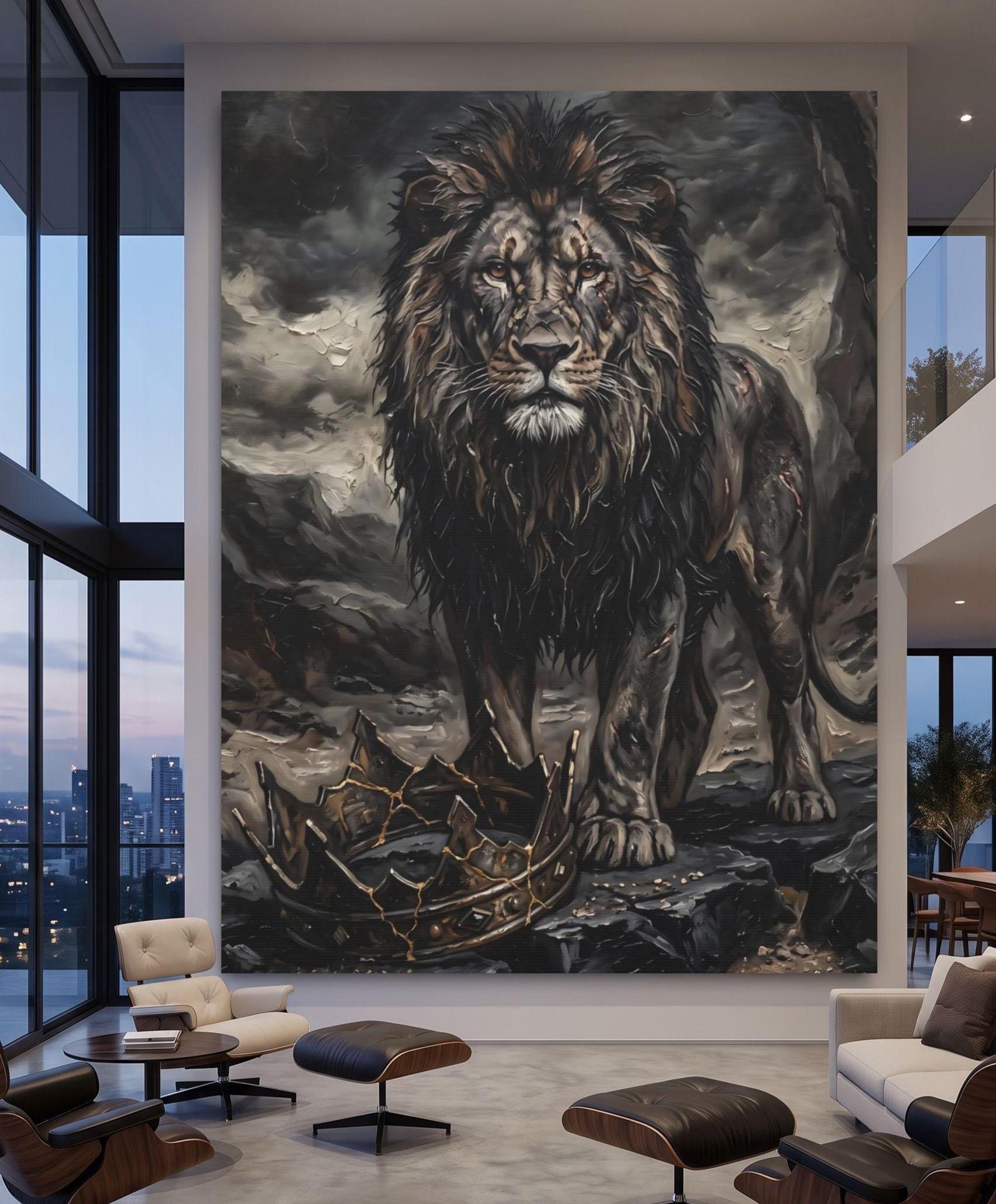 Lion Wall Art, Dark Lion Painting, Broken Crown Artwork, Masculine Office Statement Decor — Poster wall art