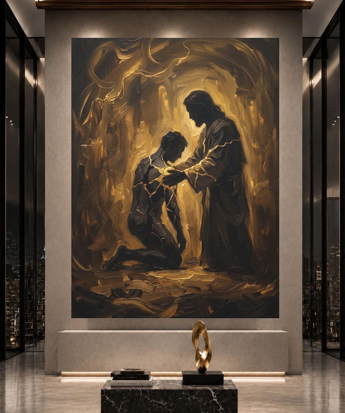 Jesus Healing Wall Art, Kintsugi Christian Art, Restored by Grace Decor, Modern Faith Statement Piece — Framed Print wall art