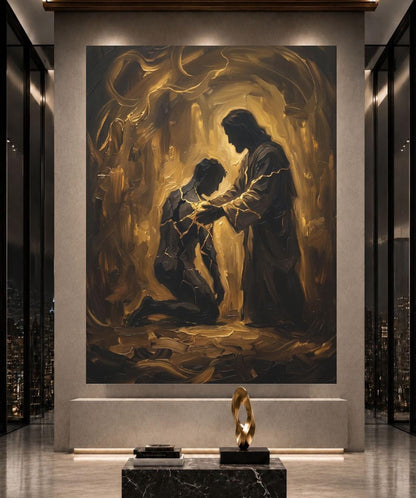 Jesus Healing Wall Art, Kintsugi Christian Art, Restored by Grace Decor, Modern Faith Statement Piece — Framed Print wall art