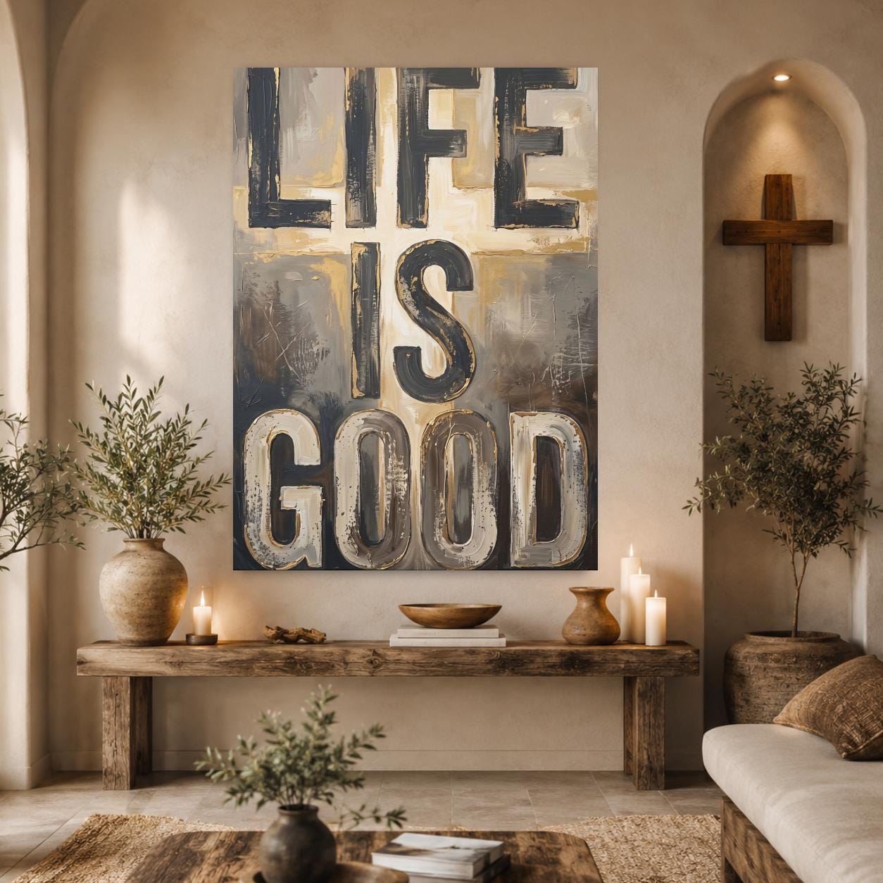 Life Is Good Wall Art, Motivational Quote Painting, Neutral Abstract Decor, Masculine Office Statement Piece — Framed Print