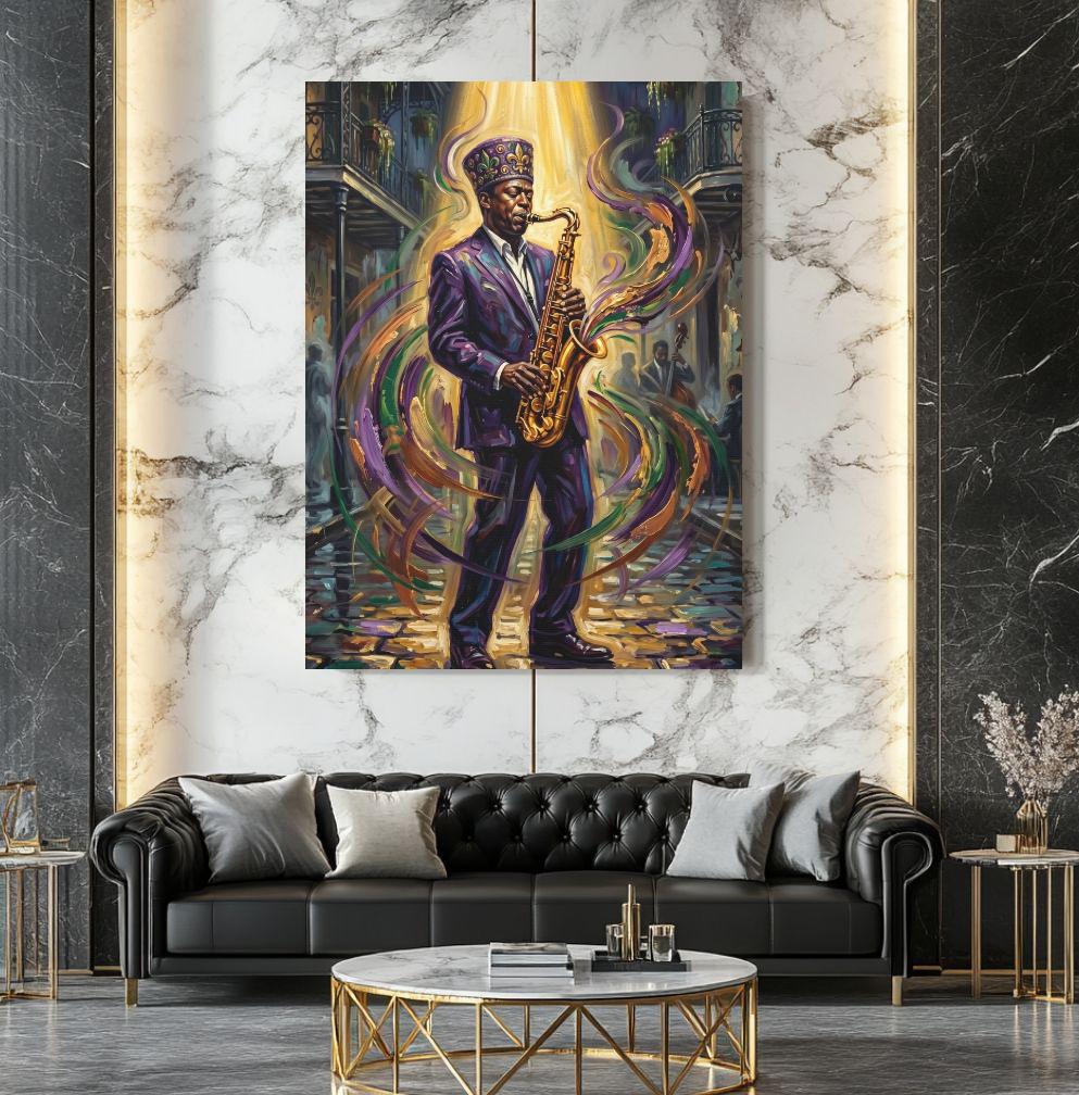 Jazz Wall Art, Black Saxophone Player Portrait, New Orleans Music Decor, Mardi Gras Statement Piece — Framed Print wall art