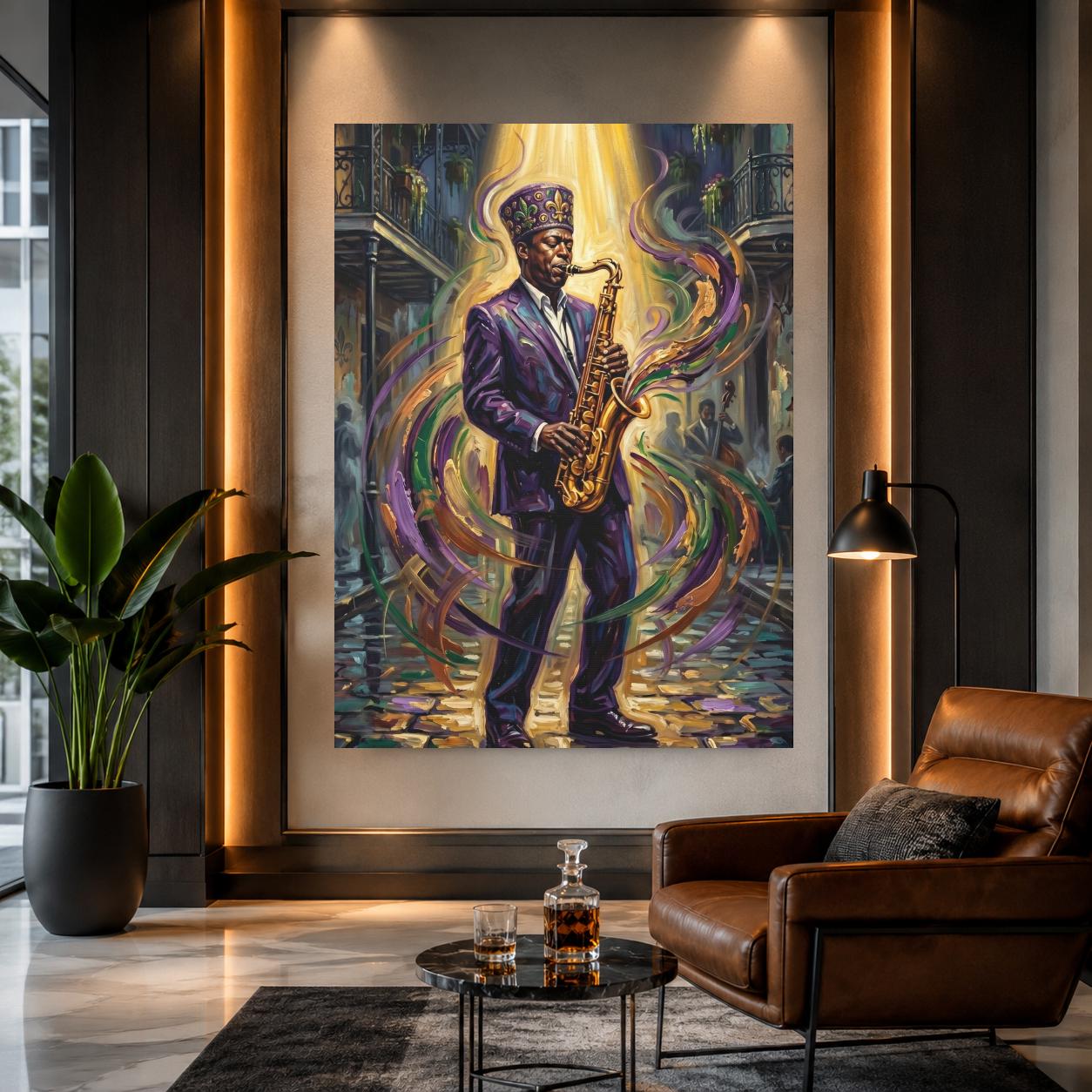 Jazz Wall Art, Black Saxophone Player Portrait, New Orleans Music Decor, Mardi Gras Statement Piece — Framed Print wall art