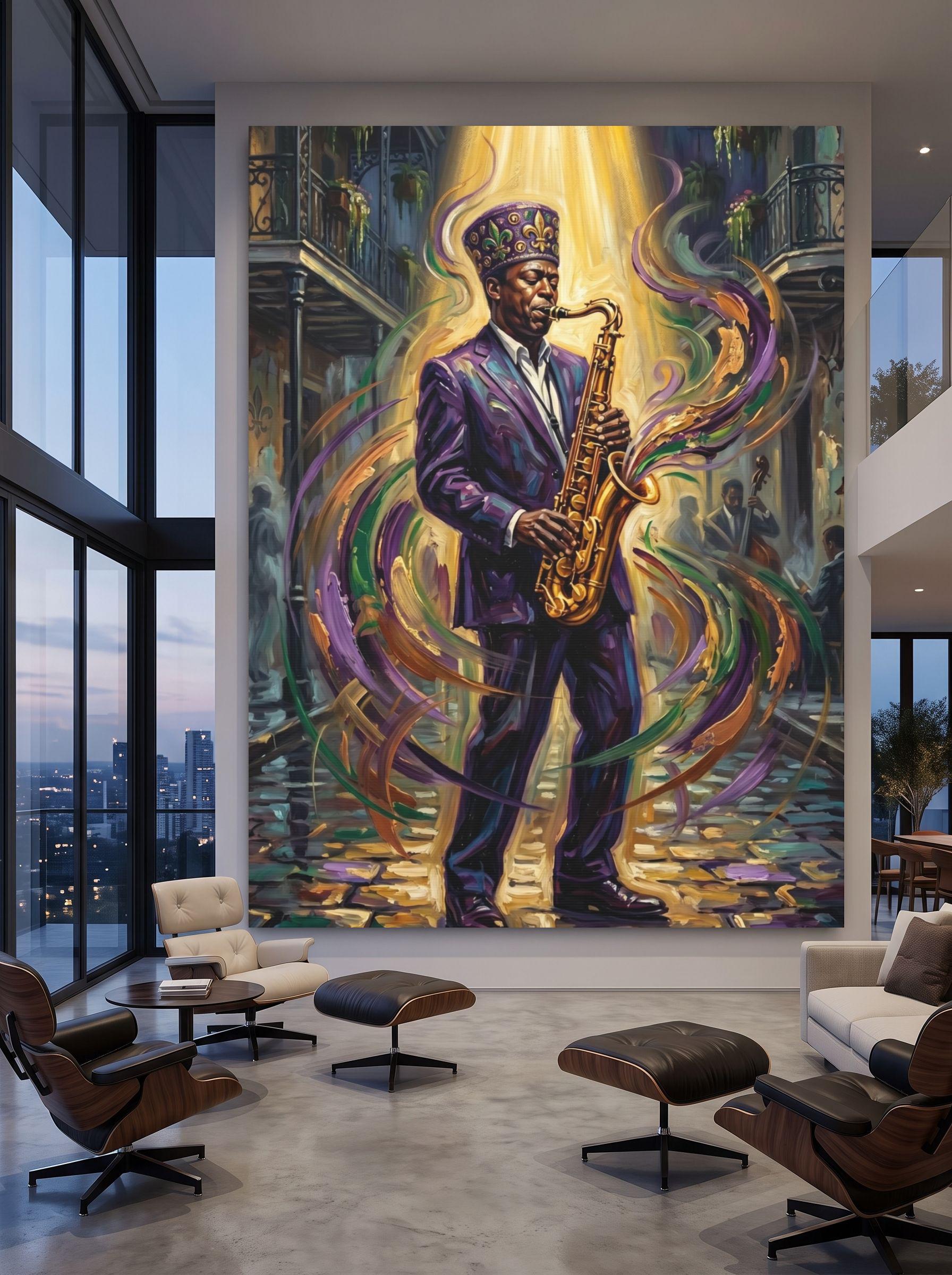 Jazz Wall Art, Black Saxophone Player Portrait, New Orleans Music Decor, Mardi Gras Statement Piece — Framed Print wall art