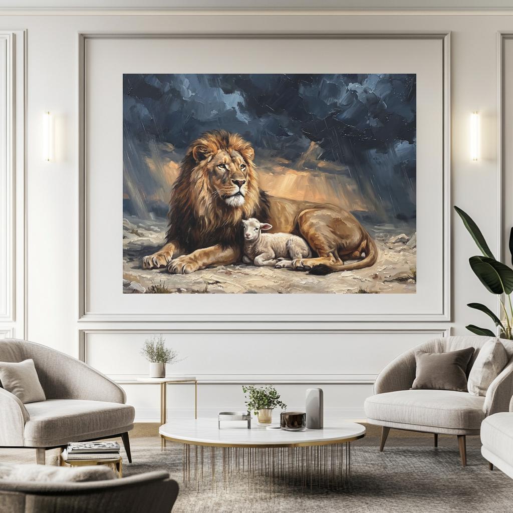 Lion and Lamb Wall Art, Lion of Judah Christian Painting, Biblical Faith Decor, Peaceful Religious Statement Piece — Framed
