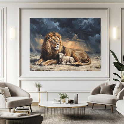 Lion and Lamb Wall Art, Lion of Judah Christian Painting, Biblical Faith Decor, Peaceful Religious Statement Piece — Framed