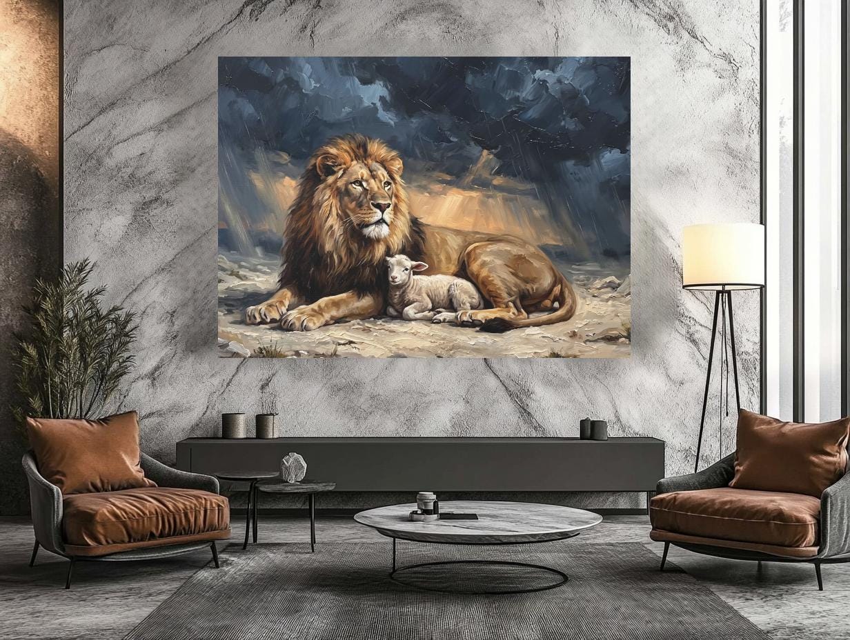 Lion and Lamb Wall Art, Lion of Judah Christian Painting, Biblical Faith Decor, Peaceful Religious Statement Piece — Framed