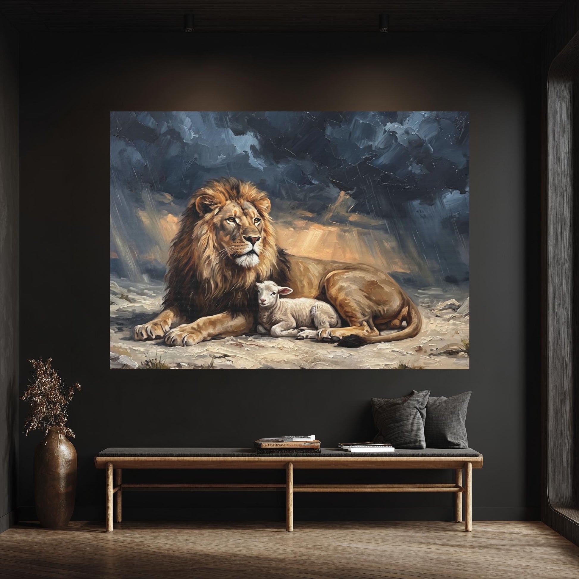 Lion and Lamb Wall Art, Lion of Judah Christian Painting, Biblical Faith Decor, Peaceful Religious Statement Piece — Framed