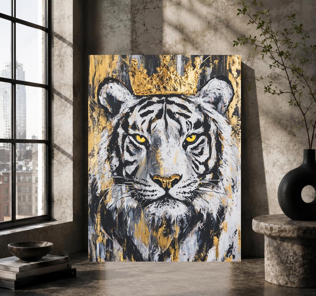White Tiger Wall Art, Crowned Animal Portrait, Black Gold Luxury Decor, Masculine Office Statement Piece — Framed Print wall