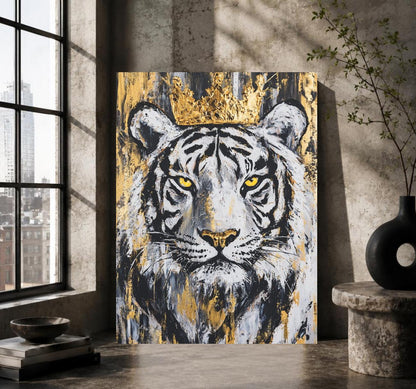 White Tiger Wall Art, Crowned Animal Portrait, Black Gold Luxury Decor, Masculine Office Statement Piece — Framed Print wall
