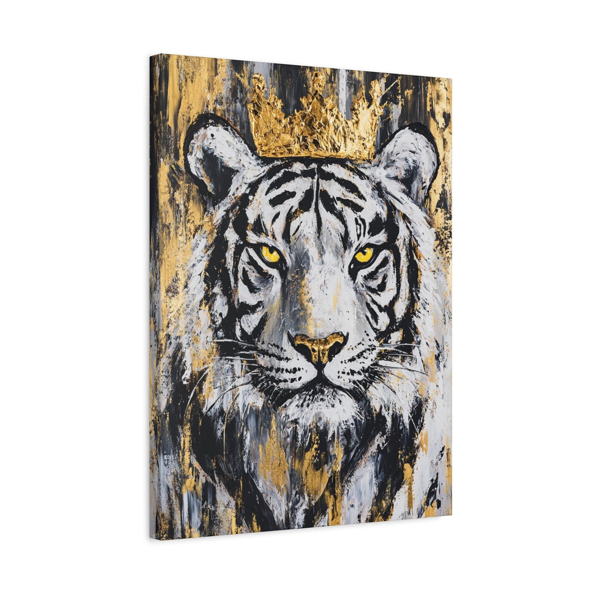 White Tiger Wall Art, Crowned Animal Portrait, Black Gold Luxury Decor, Masculine Office Statement Piece — Canvas wall art