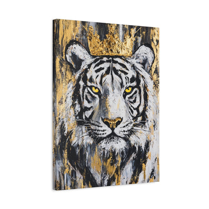 White Tiger Wall Art, Crowned Animal Portrait, Black Gold Luxury Decor, Masculine Office Statement Piece — Canvas wall art