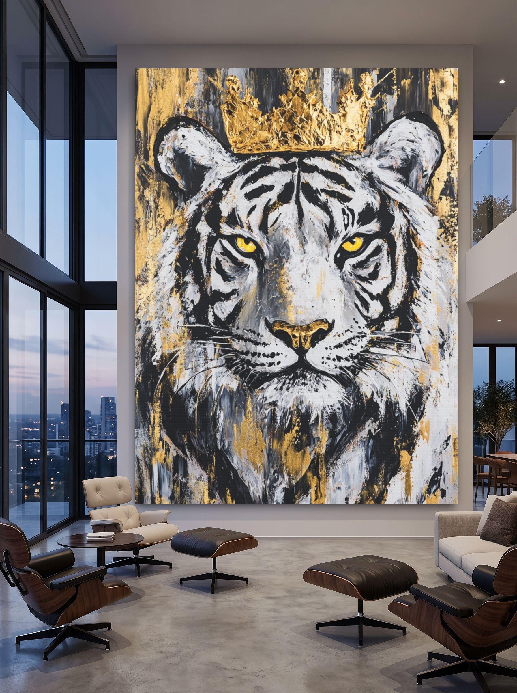 White Tiger Wall Art, Crowned Animal Portrait, Black Gold Luxury Decor, Masculine Office Statement Piece — Framed Print wall