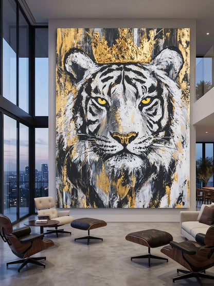 White Tiger Wall Art, Crowned Animal Portrait, Black Gold Luxury Decor, Masculine Office Statement Piece — Framed Print wall